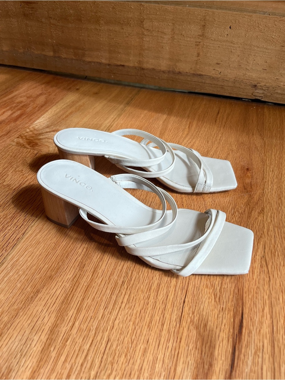 VINCE White Strappy Square Toe Block Heel Mules